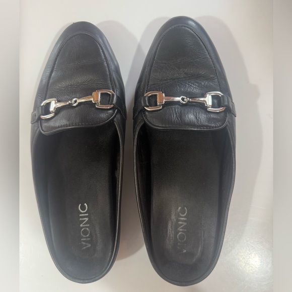 Vionic Shoes - Vionic Black Leather Loafers with Silver Accent